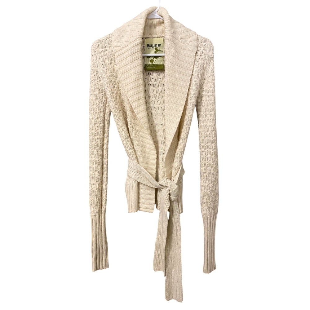 Hollister Vintage Y2K Cardigan Sweater Small Cream Open Front Belted Knit Rabbit